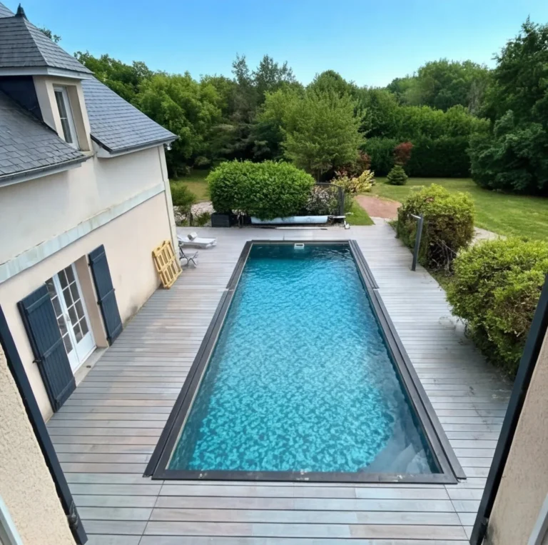 Bassin r&eacute;nov&eacute; par Alf Piscine, bord&eacute; d'une terrasse en bois