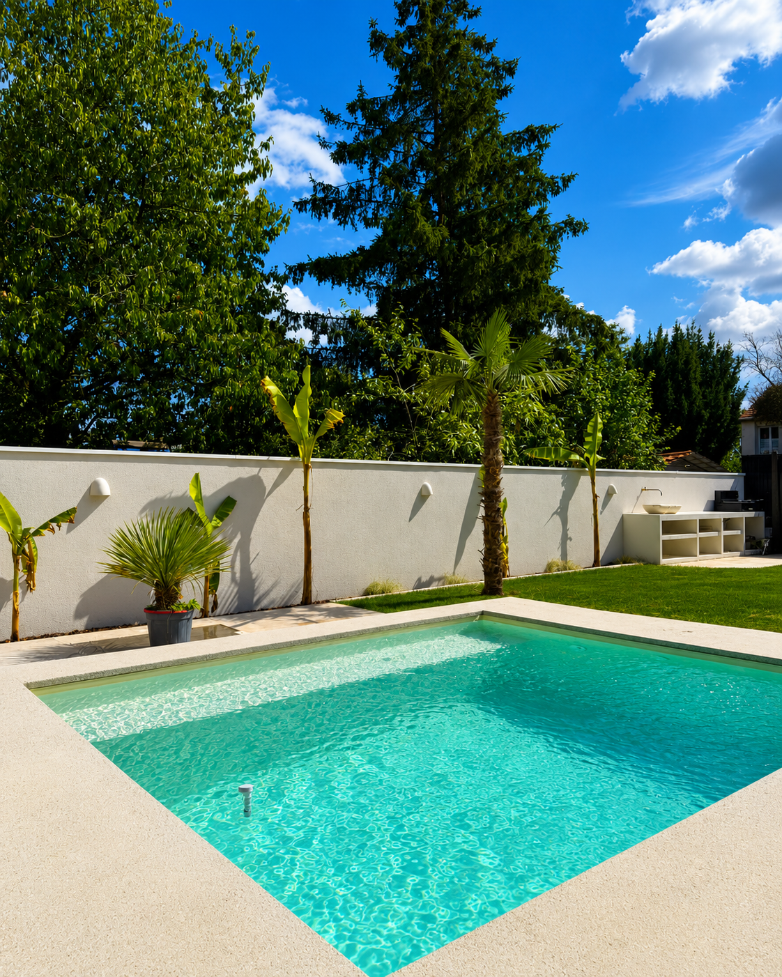Escalier et banquette maçonnés dans une piscine rénovée